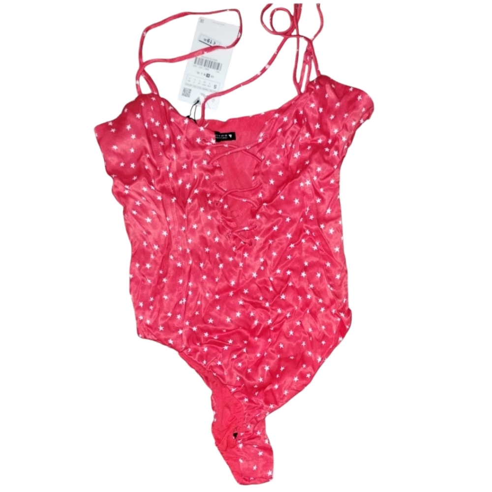 Zara red with white stars bodysuit, tie up bust, size small NWT